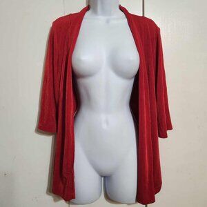 Size 1 Medium Chico’s Travelers Red Open Slinky Knit 3/4 Sleeve Cardigan POCKETS